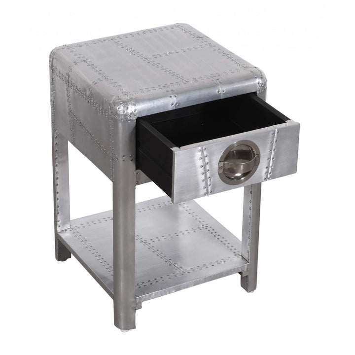 24" Silver Aluminum Square End Table With Drawer And Shelf Image 3