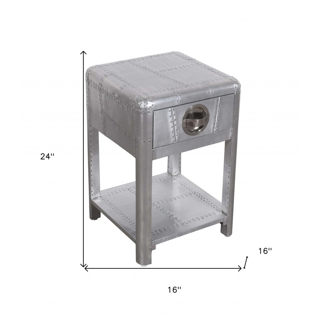 24" Silver Aluminum Square End Table With Drawer And Shelf Image 6