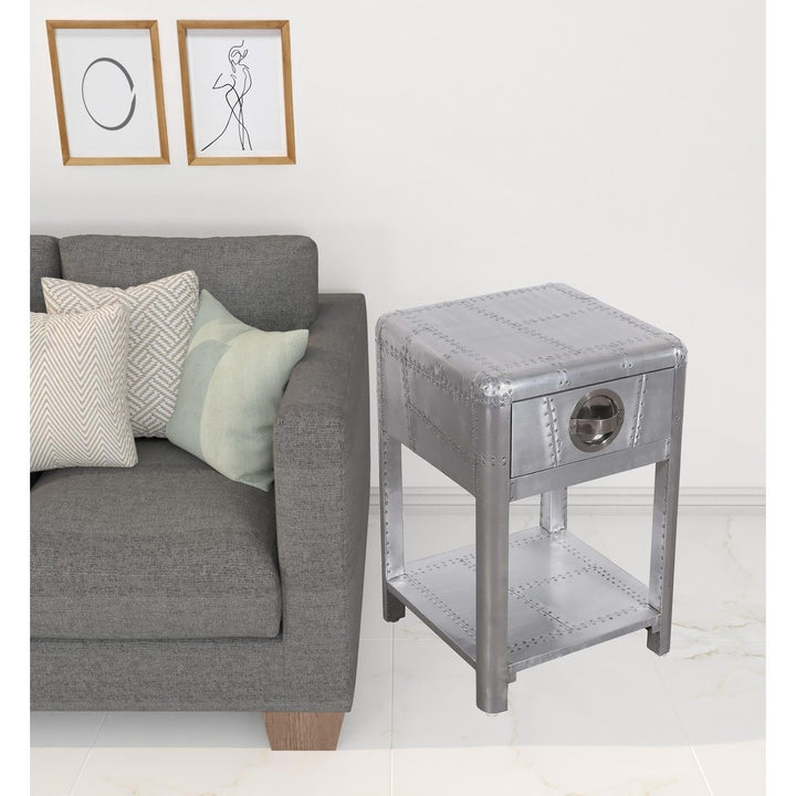 24" Silver Aluminum Square End Table With Drawer And Shelf Image 7