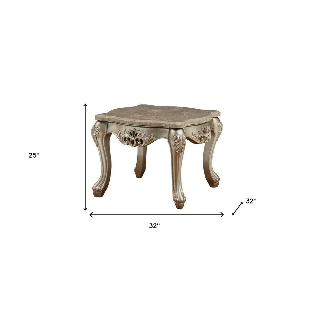 25" Champagne And Marble Marble And Solid Wood Square End Table Image 2