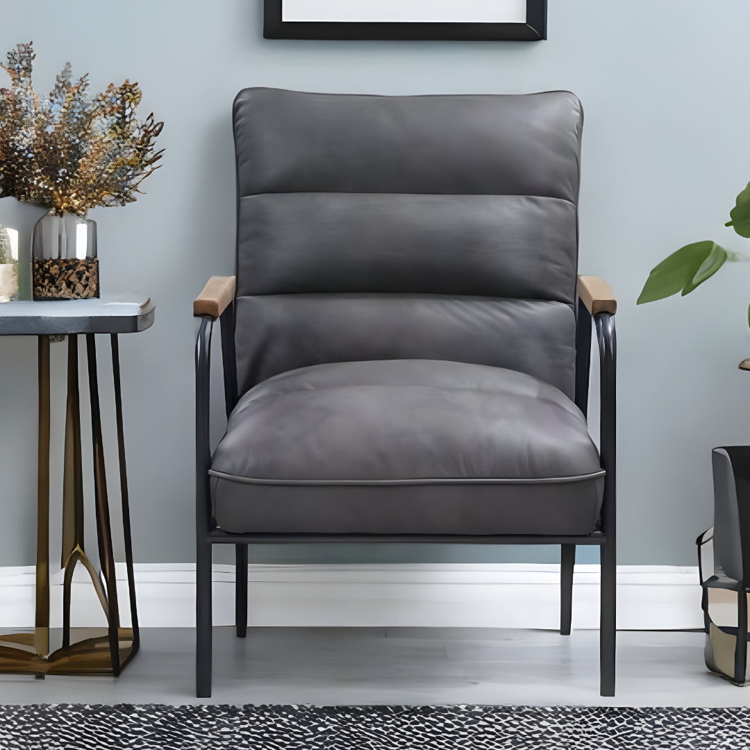 26" Gray Top Grain Leather And Steel Solid Color Arm Chair Image 5