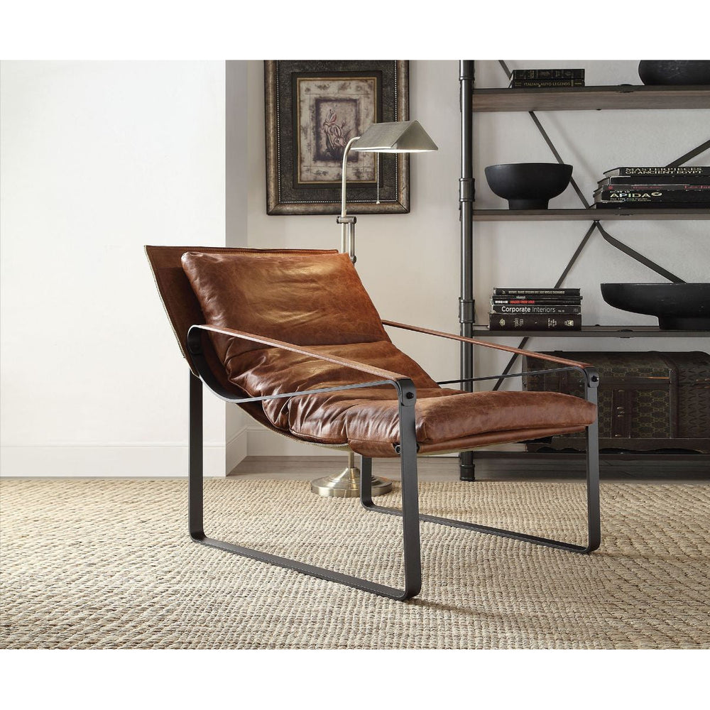 27" Brown Top Grain Leather And Steel Lounge Chair Image 2