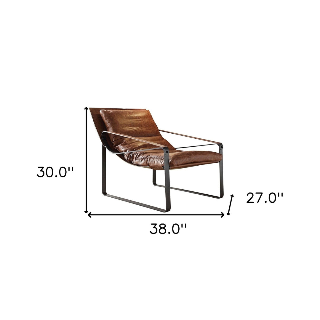 27" Brown Top Grain Leather And Steel Lounge Chair Image 3