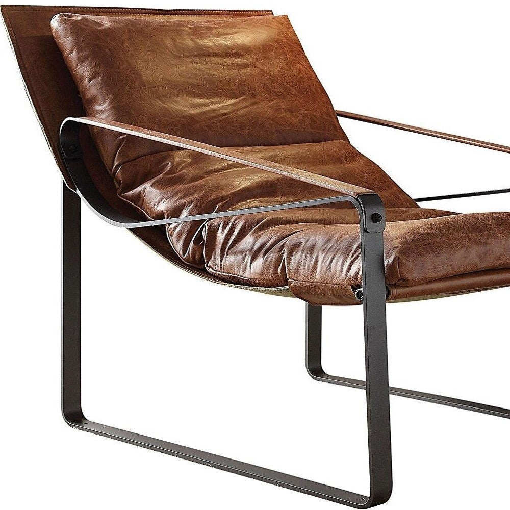 27" Brown Top Grain Leather And Steel Lounge Chair Image 5