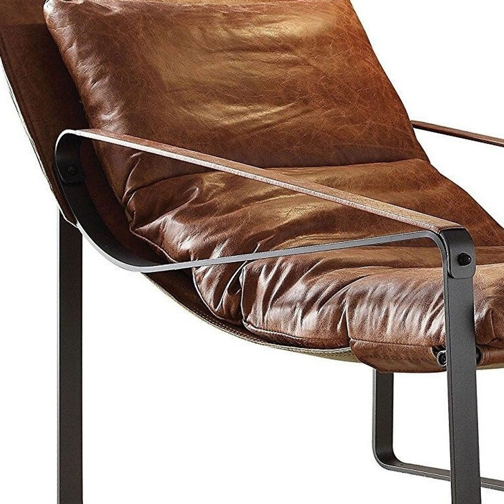 27" Brown Top Grain Leather And Steel Lounge Chair Image 6