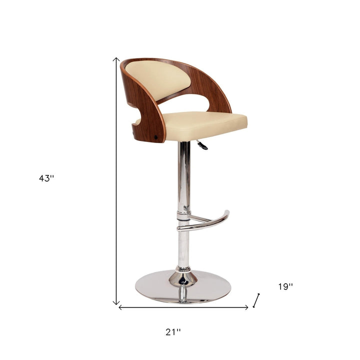 24" Cream And Brown Faux Leather And Solid Wood Swivel Low Back Adjustable Height Bar Chair Image 8