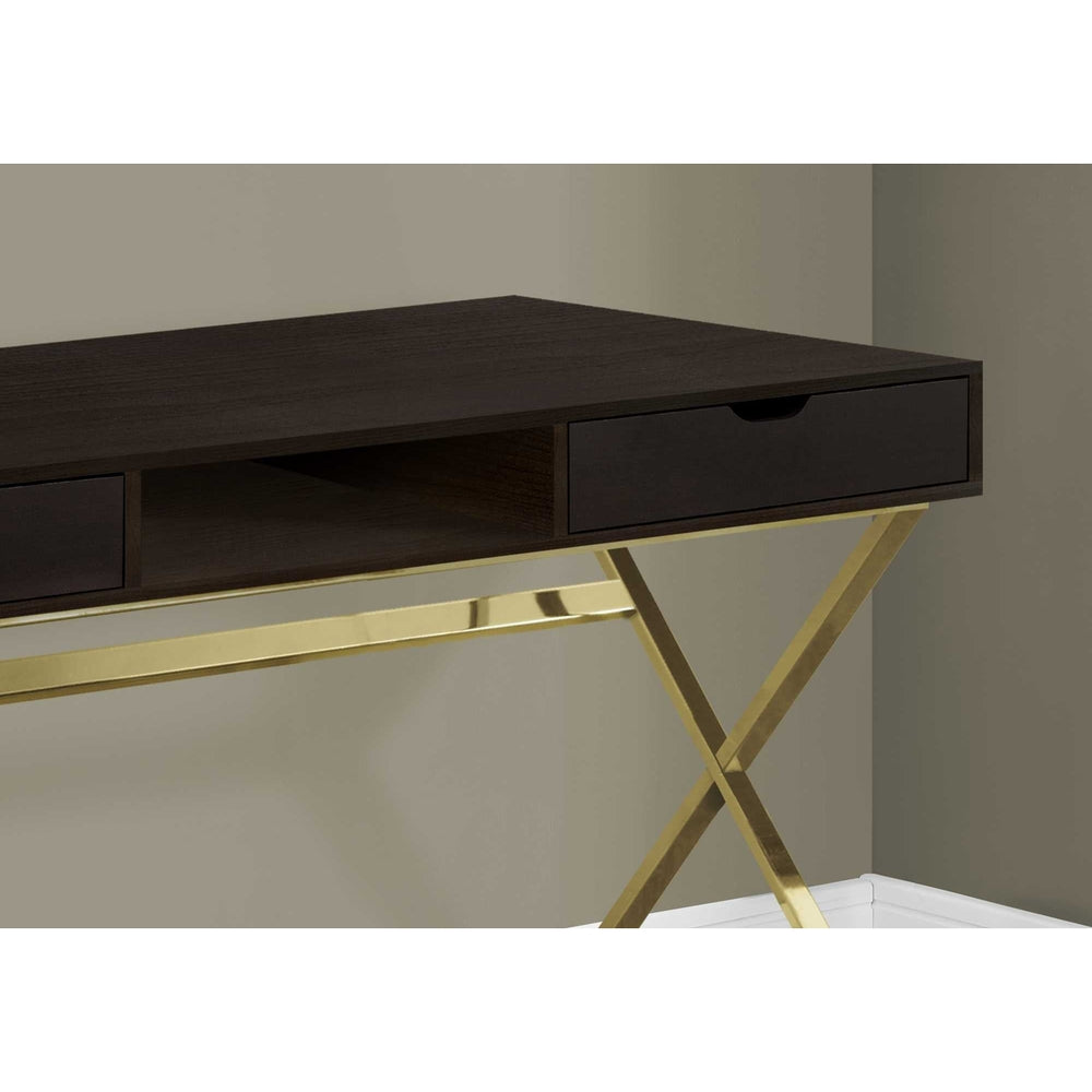 24" Dark Brown and Gold Computer Desk With Two Drawers Image 2