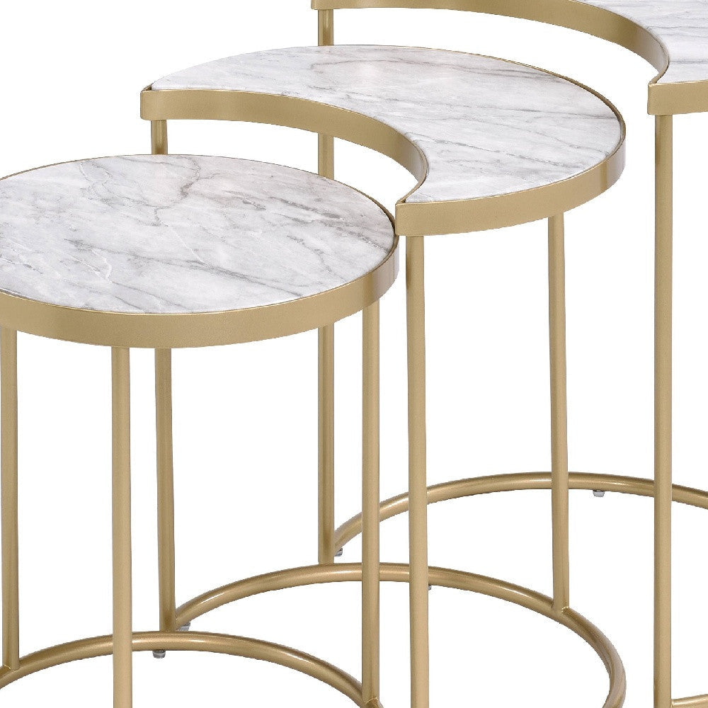 24" Gold And Faux Marble Paper Veneer And Metal Round Nested Coffee Tables Image 2