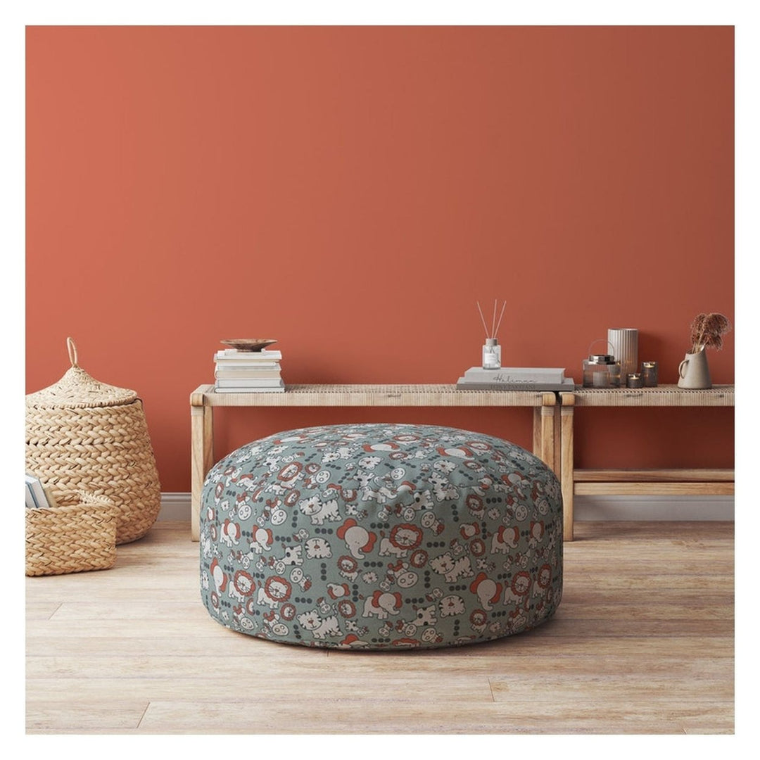 24" Gray and White Cotton Round Animal Print Pouf Ottoman Image 2