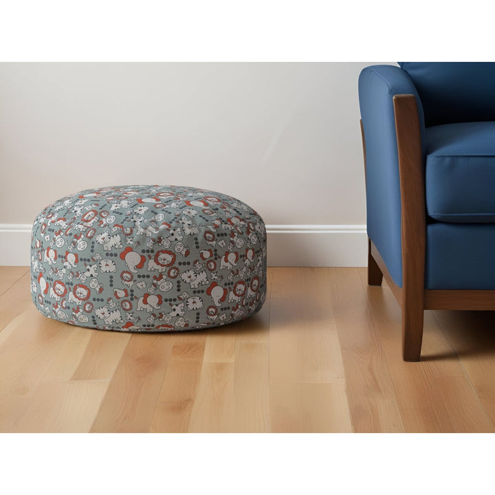 24" Gray and White Cotton Round Animal Print Pouf Ottoman Image 4