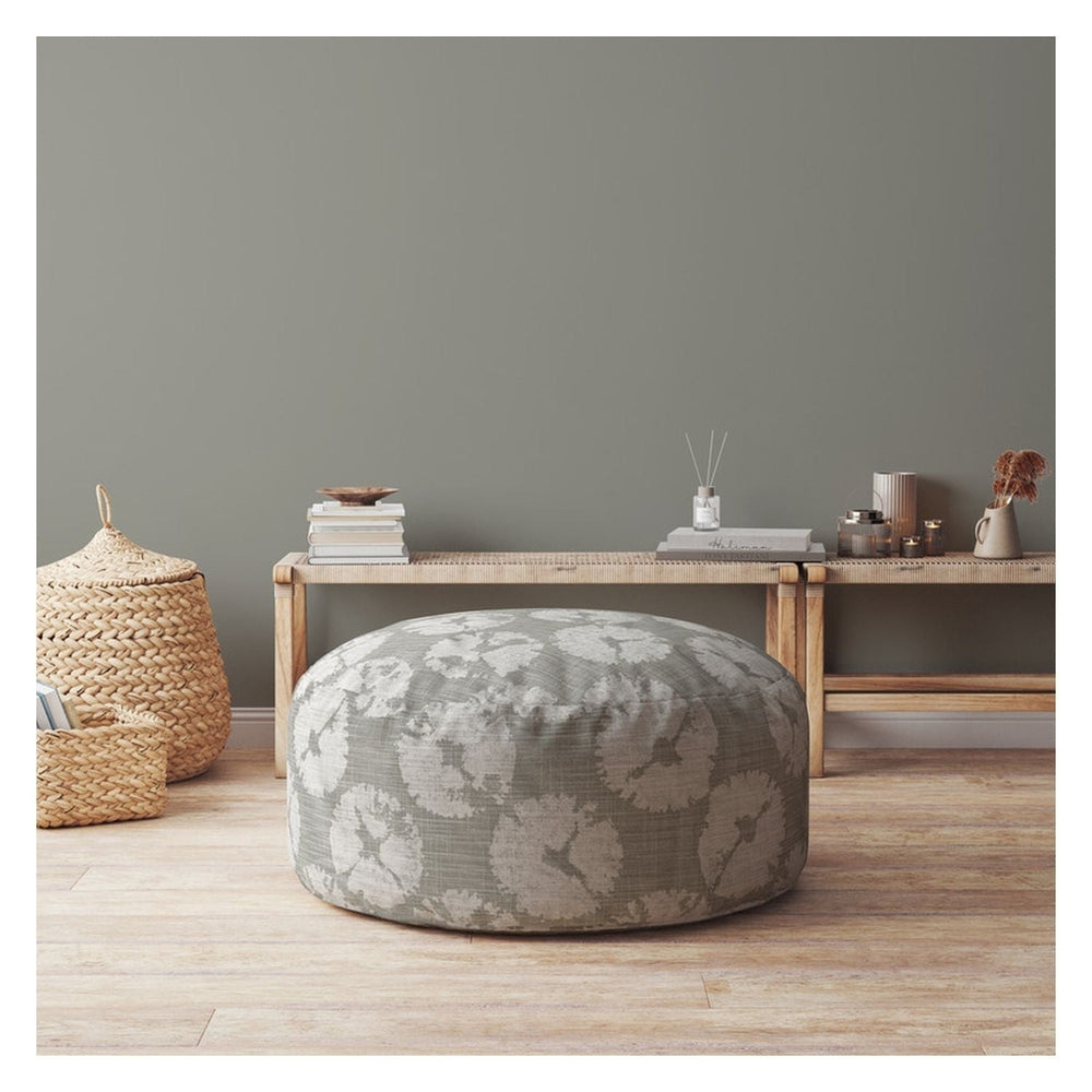 24" Gray Canvas Round Floral Pouf Ottoman Image 2