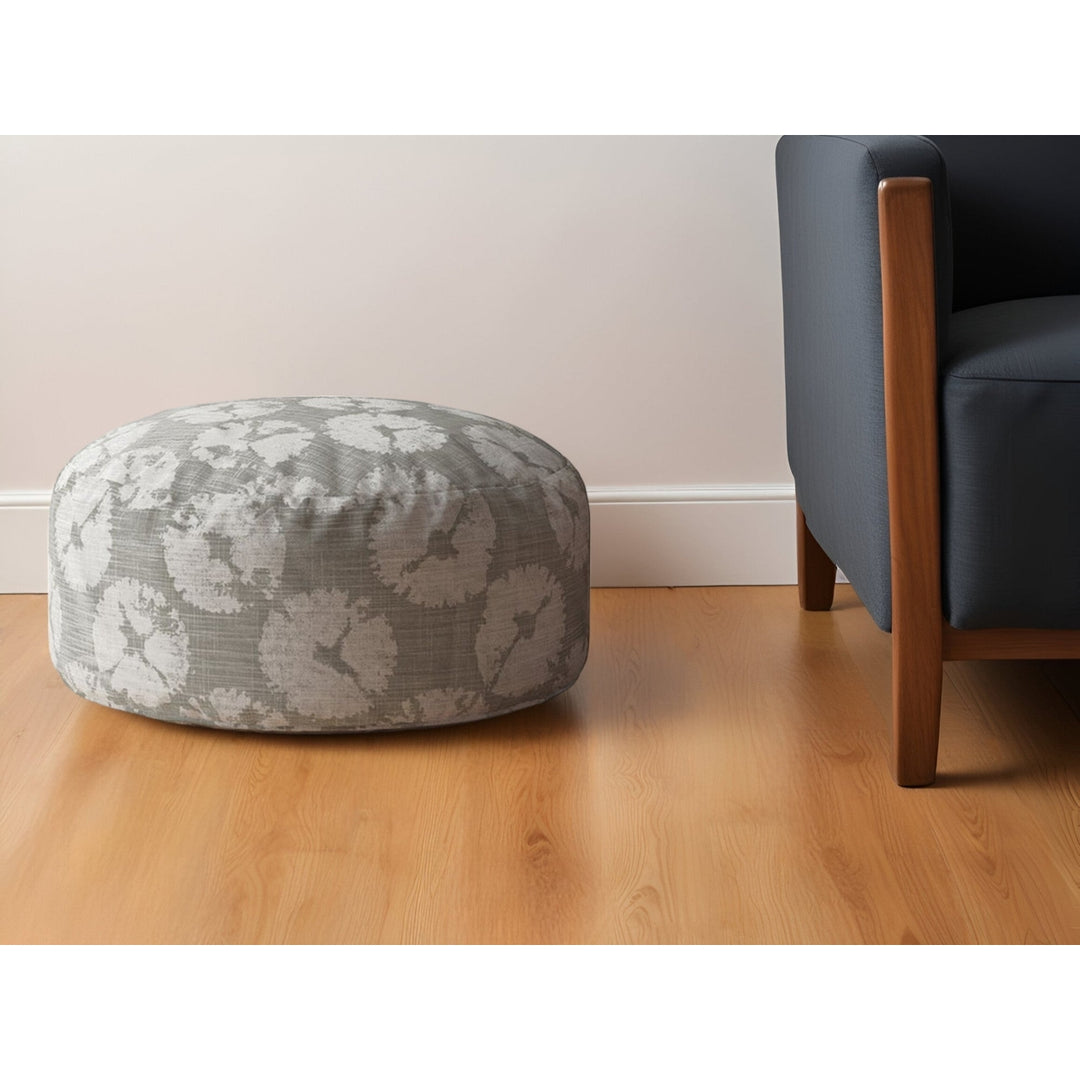 24" Gray Canvas Round Floral Pouf Ottoman Image 4