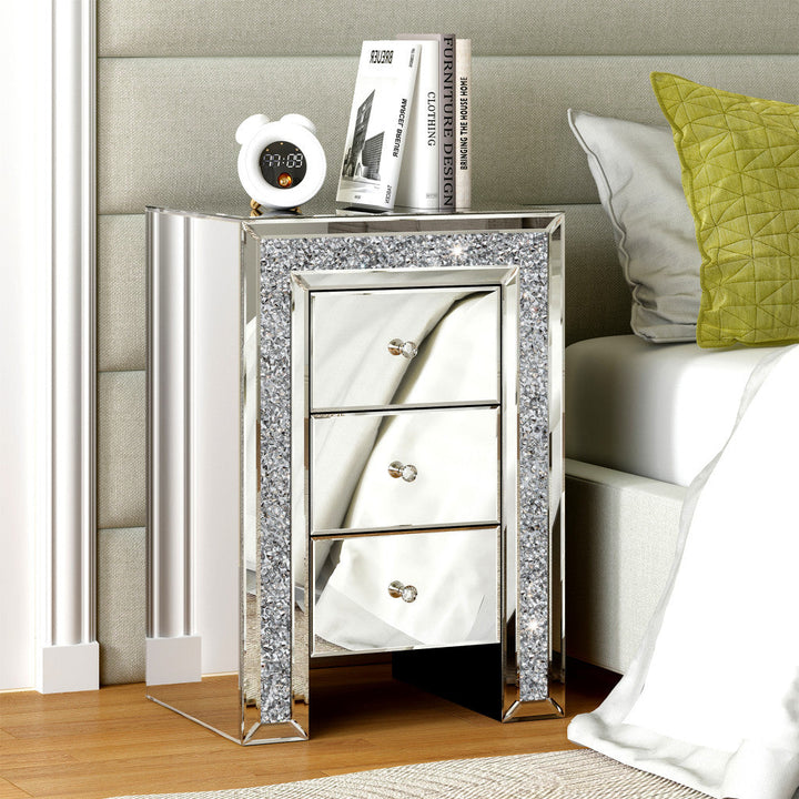 27" Silver Three Drawer Mirrored Nightstand Image 2