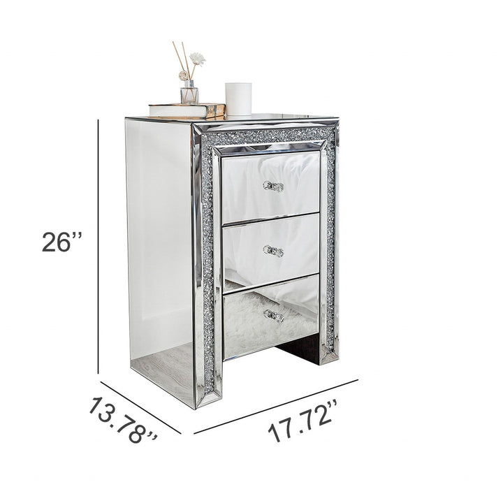 27" Silver Three Drawer Mirrored Nightstand Image 3