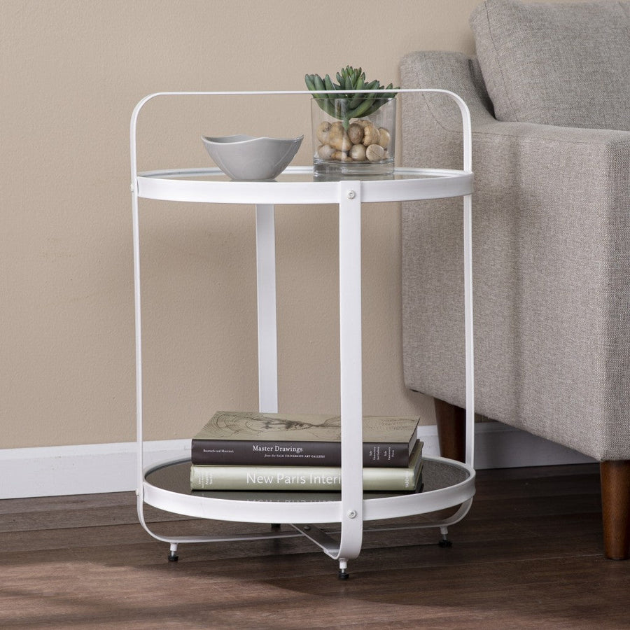 27" White Glass And Iron Round End Table With Shelf Image 1