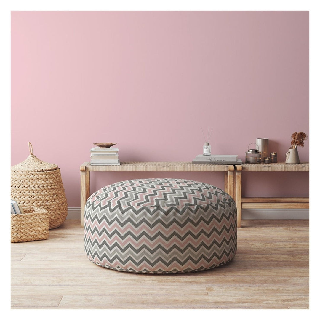 24" Gray Twill Round Chevron Pouf Cover Image 3