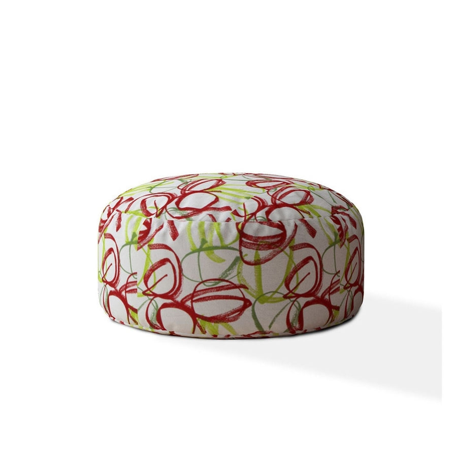24" Green And White Cotton Round Abstract Pouf Cover Image 1