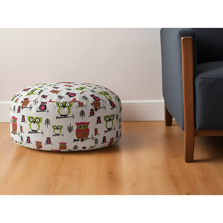 24" Green and White Cotton Round Owls Pouf Ottoman Image 4