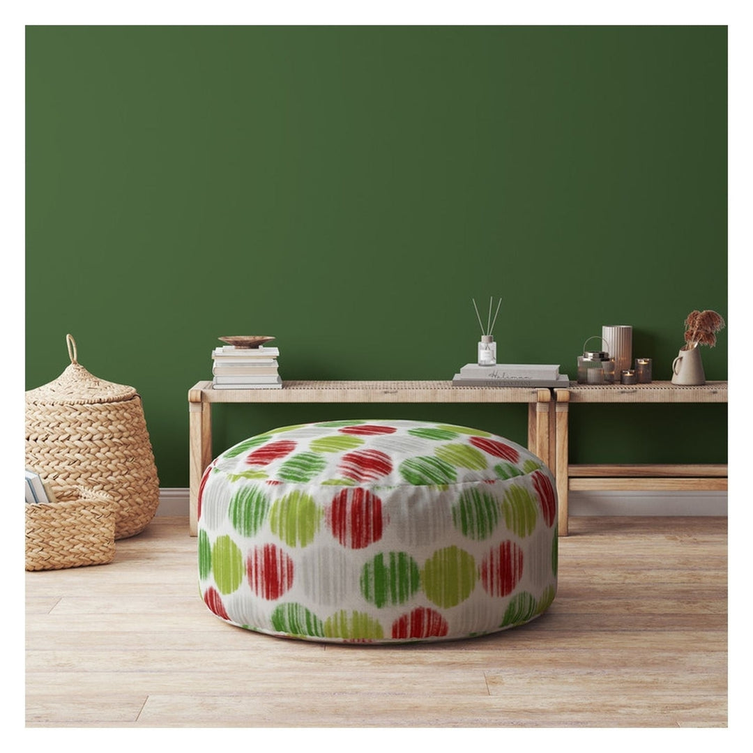 24" Green and White Cotton Round Polka Dots Pouf Ottoman Image 2