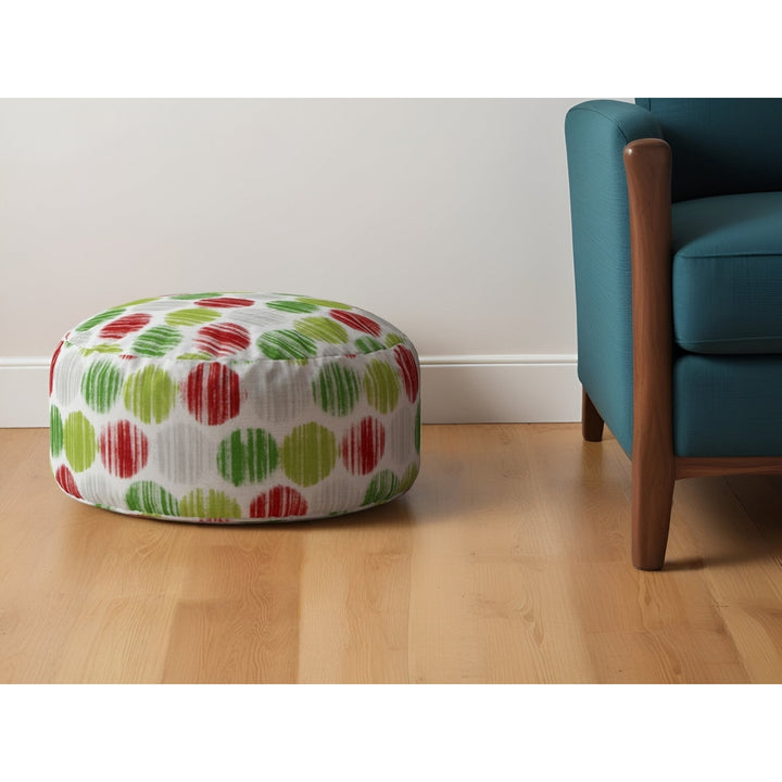 24" Green and White Cotton Round Polka Dots Pouf Ottoman Image 4