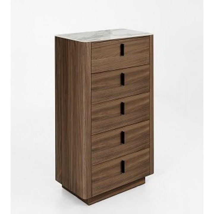 28" Walnut White Marble Manufactured Wood + Solid Wood Stainless Steel Five Drawer Chest Image 1