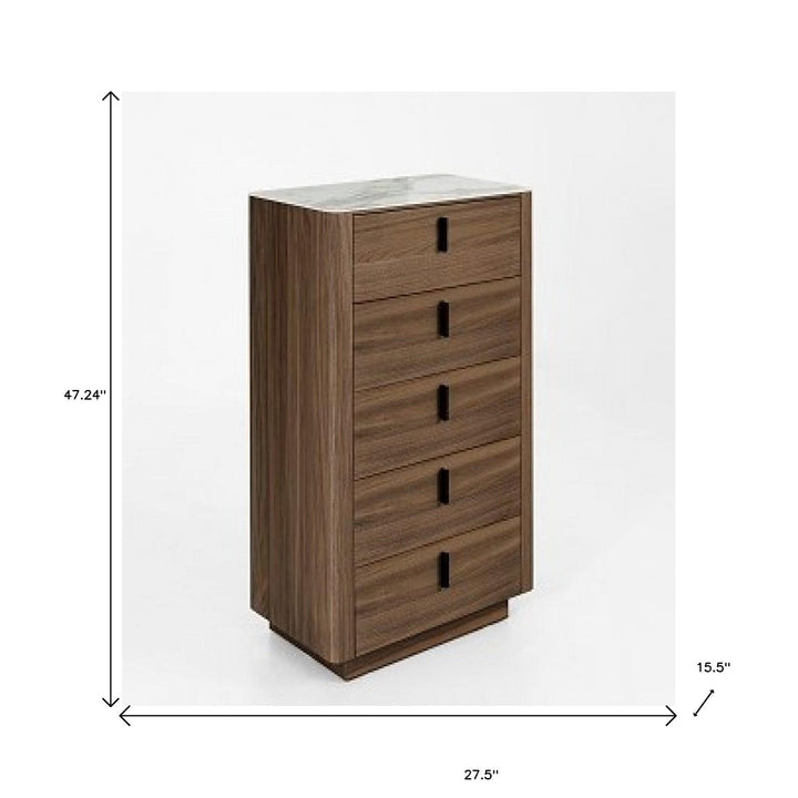 28" Walnut White Marble Manufactured Wood + Solid Wood Stainless Steel Five Drawer Chest Image 2