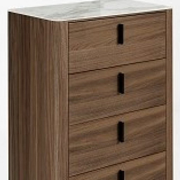 28" Walnut White Marble Manufactured Wood + Solid Wood Stainless Steel Five Drawer Chest Image 4