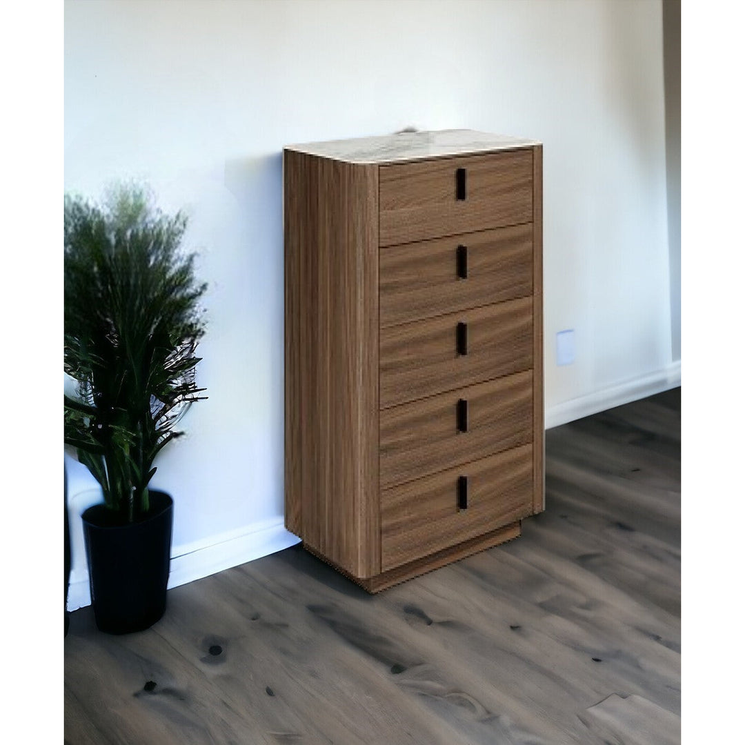 28" Walnut White Marble Manufactured Wood + Solid Wood Stainless Steel Five Drawer Chest Image 5