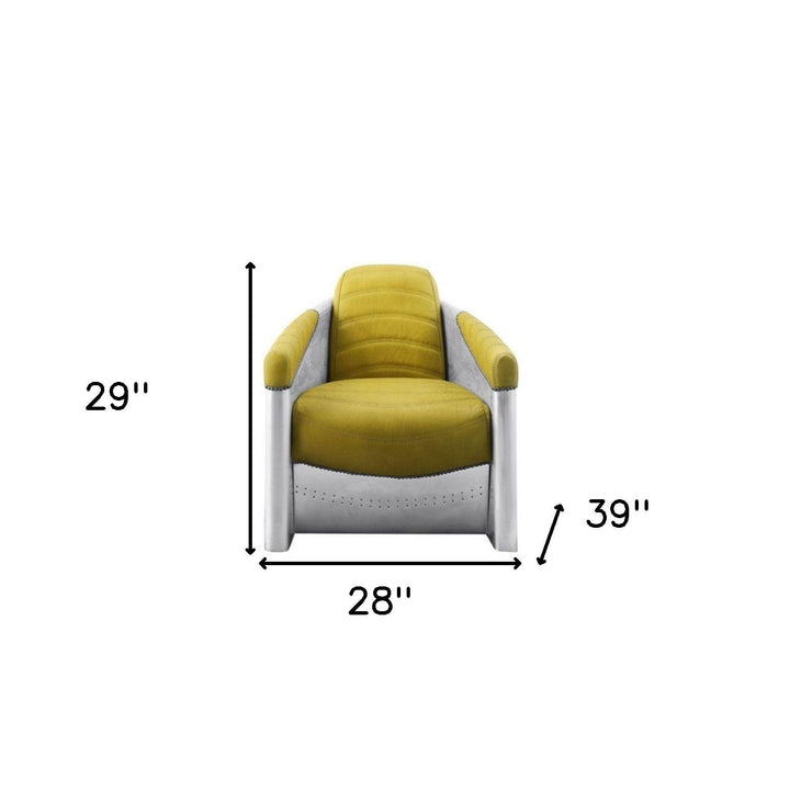 28" Yellow Top Grain Leather And Steel Barrel Chair Image 2