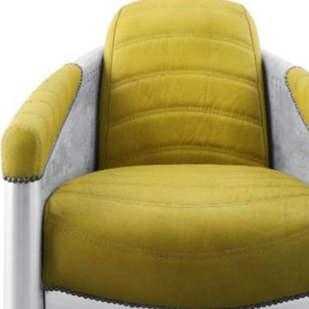 28" Yellow Top Grain Leather And Steel Barrel Chair Image 3