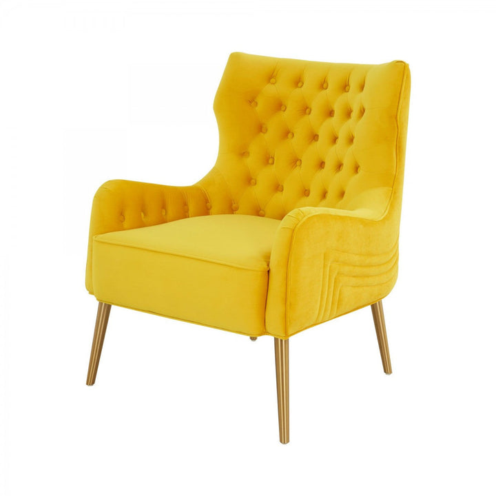 30" Yellow Velvet And Gold Solid Color Arm Chair Image 1