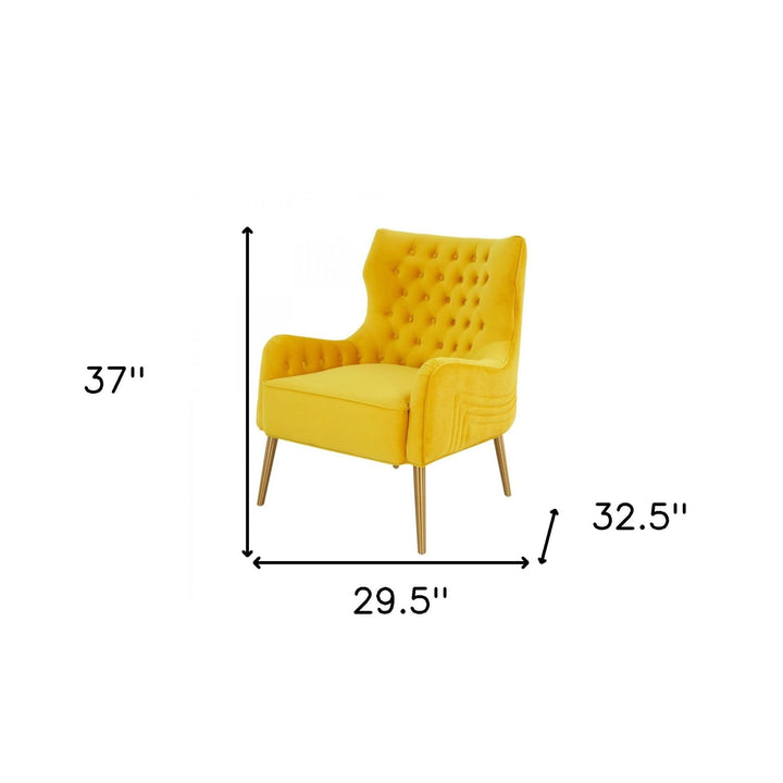 30" Yellow Velvet And Gold Solid Color Arm Chair Image 6