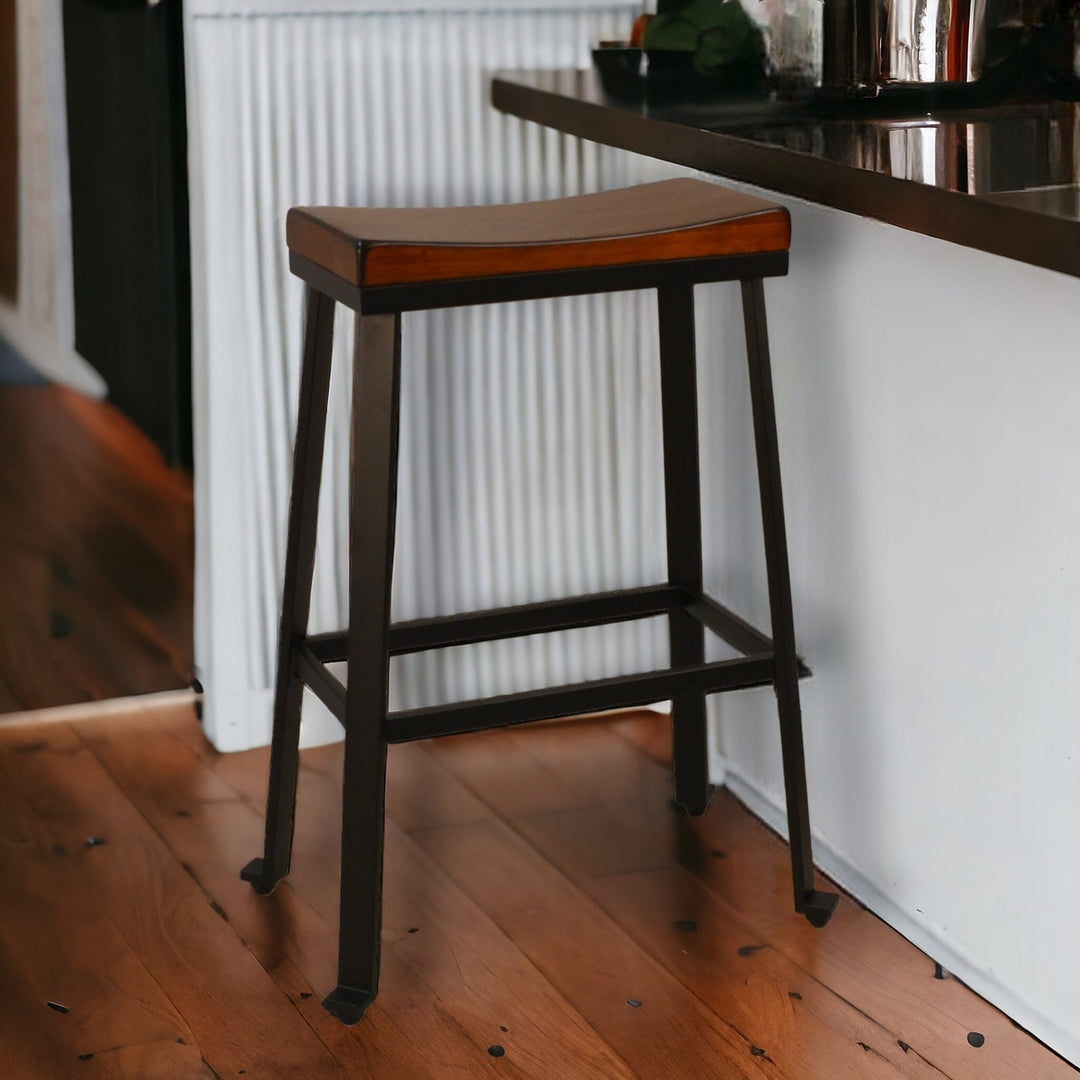 30" Chestnut And Black Steel Backless Bar Height Bar Chair Image 5