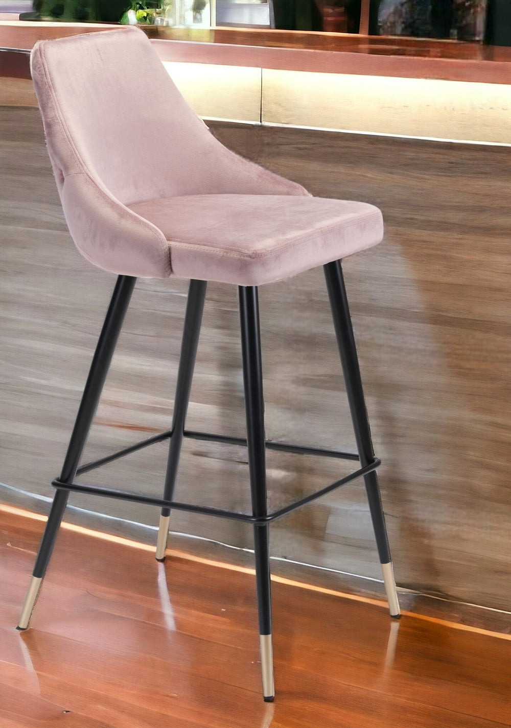 30" Pink And Black Velvet And Steel Bar Height Bar Chair Image 2