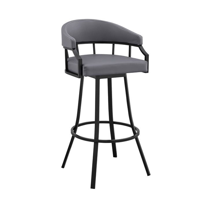 30" Slate Gray And Black Faux Leather And Iron Swivel Low Back Bar Height Bar Chair Image 3