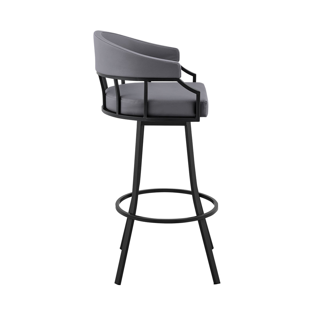 30" Slate Gray And Black Faux Leather And Iron Swivel Low Back Bar Height Bar Chair Image 6