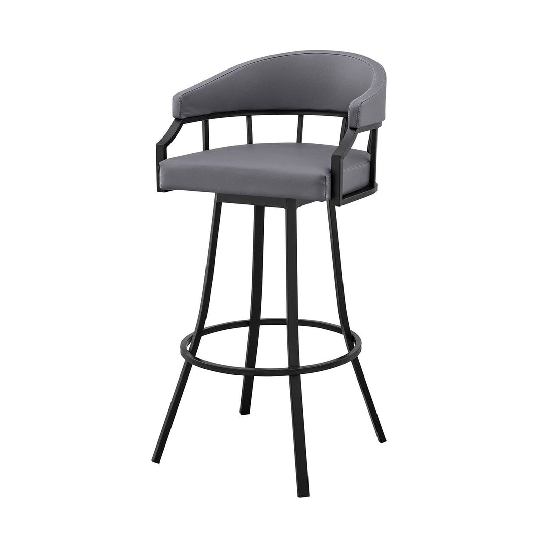 30" Slate Gray And Black Faux Leather And Iron Swivel Low Back Bar Height Bar Chair Image 12