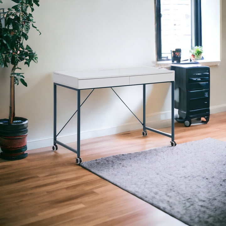 43" White and Silver Writing Desk With Two Drawers Image 3