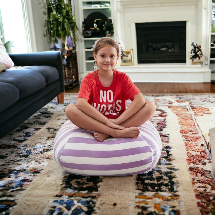 32" Gray and White Microfiber Round Striped Pouf Cover Image 3