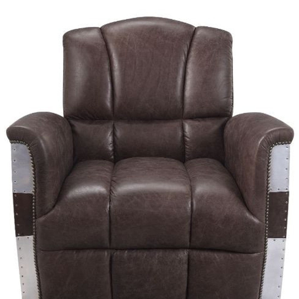 35" Retro Brown Top Grain Leather And Steel Patchwork Club Chair Image 4