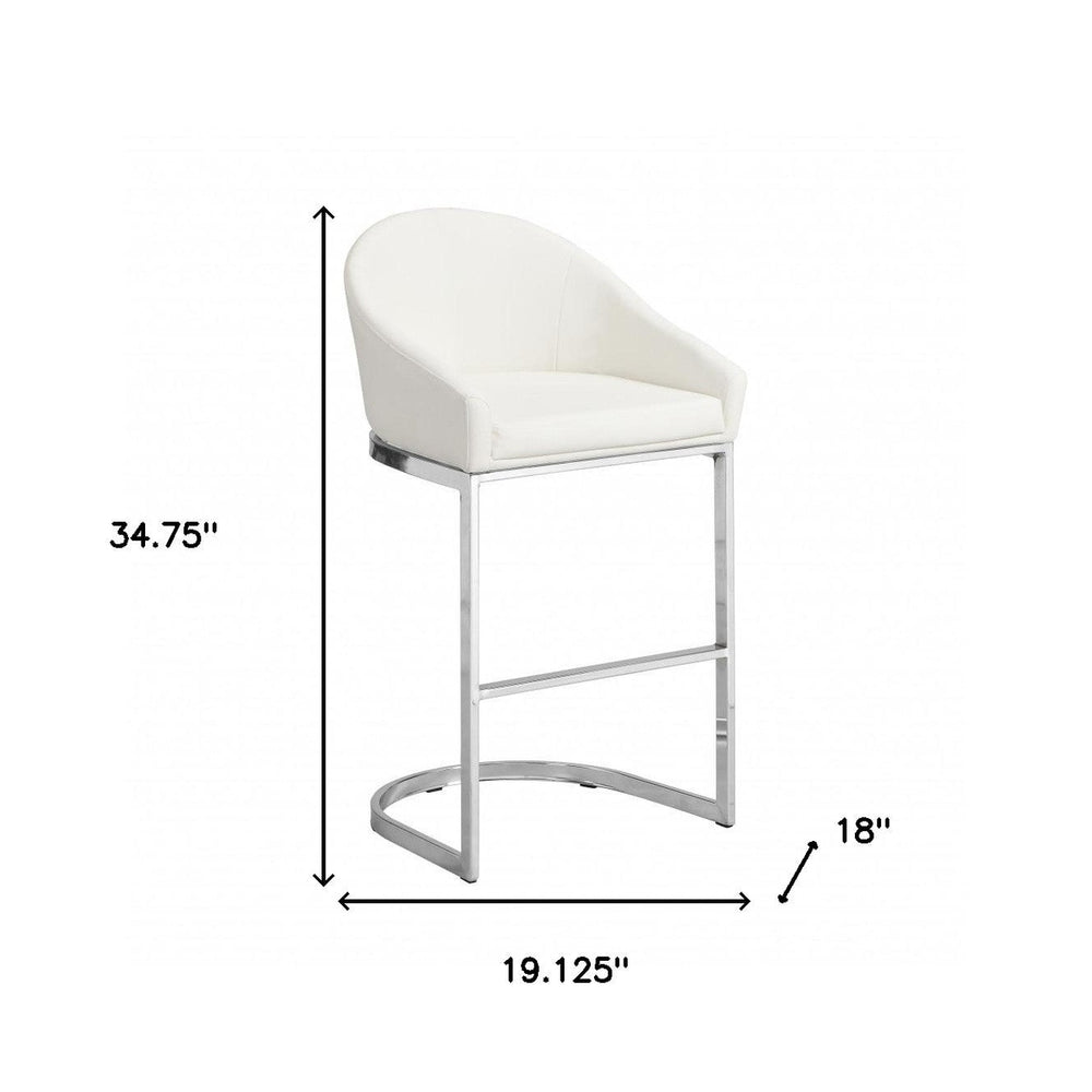 35" White And Silver Faux Leather And Steel Low Back Bar Height Bar Chair Image 2