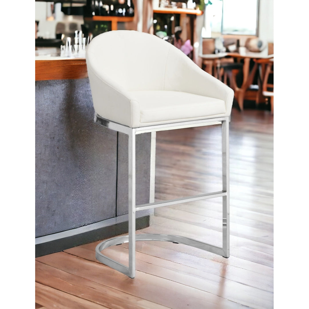 35" White And Silver Faux Leather And Steel Low Back Bar Height Bar Chair Image 5