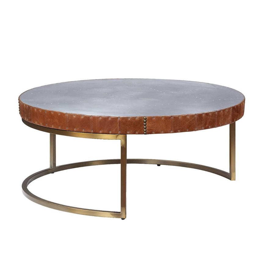 36" Brown And Silver Leather And Metal Round Coffee Table Image 1