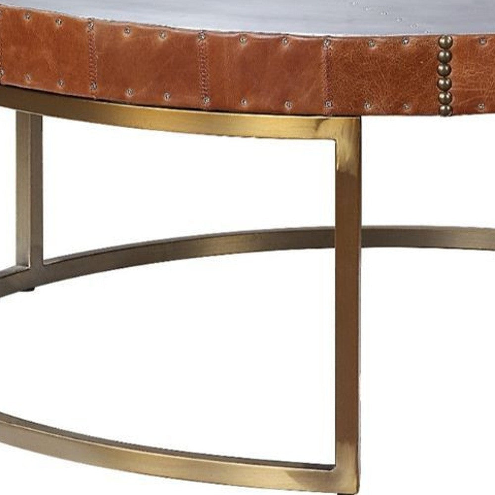 36" Brown And Silver Leather And Metal Round Coffee Table Image 3