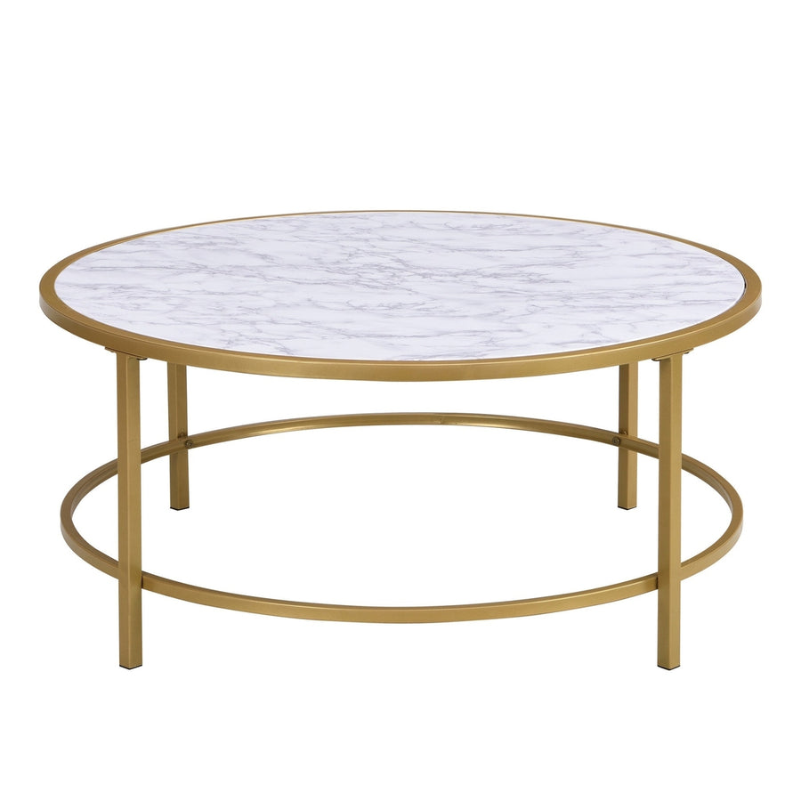 36" White And Gold Faux Marble Round Coffee Table Image 1