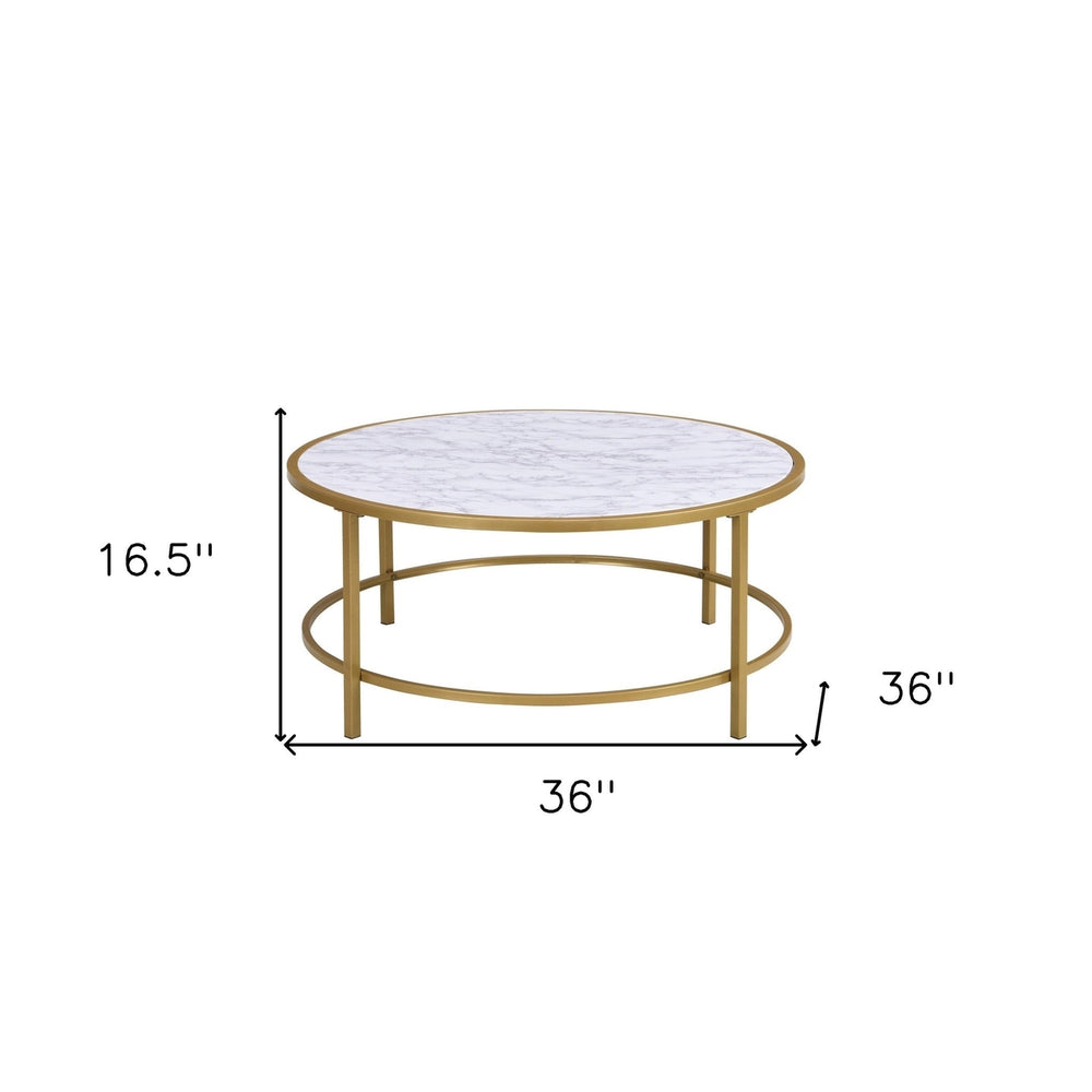 36" White And Gold Faux Marble Round Coffee Table Image 2