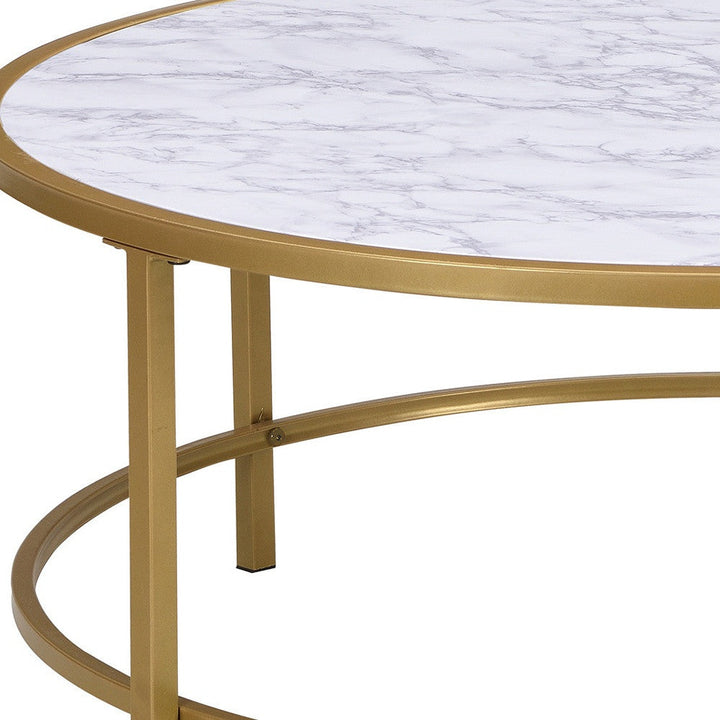 36" White And Gold Faux Marble Round Coffee Table Image 3