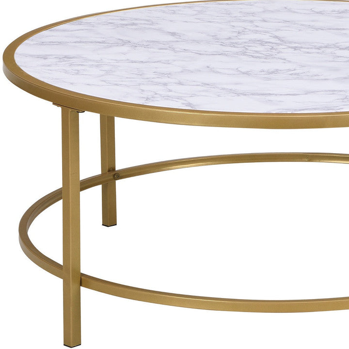 36" White And Gold Faux Marble Round Coffee Table Image 4