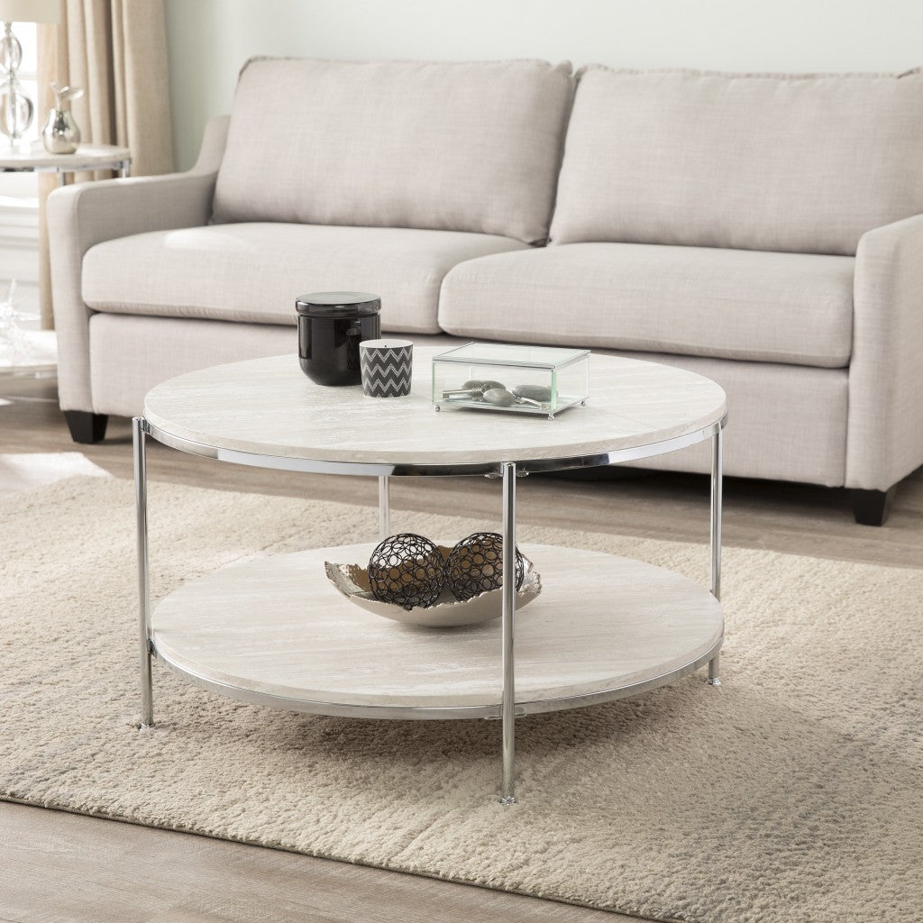 33" Chrome Faux Marble And Metal Round Coffee Table Image 1