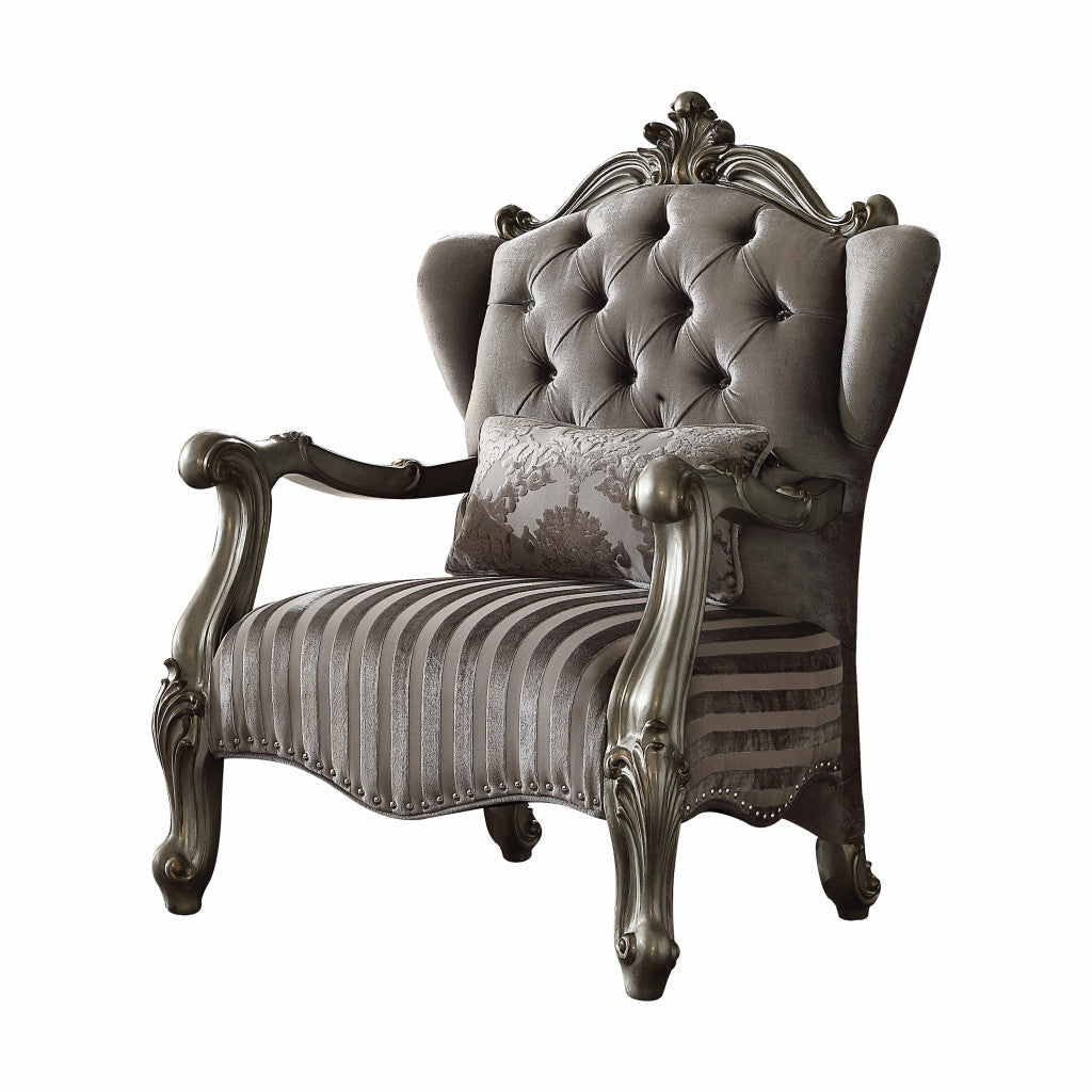 33" Gray And Platinum Velvet Striped Tufted Wingback Chair Image 1